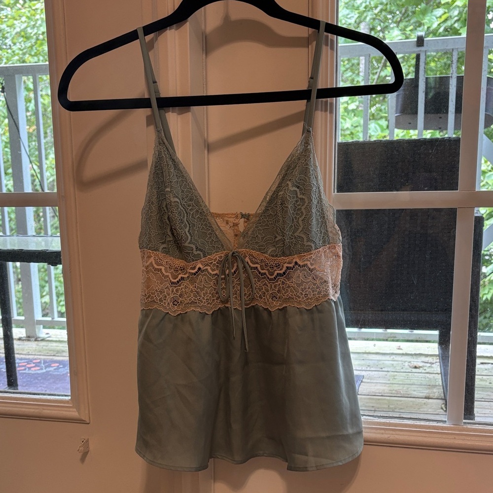Lace-Trim Satin Camisole Top - dusty blue